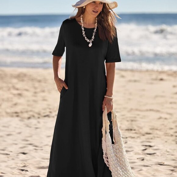 Women's 2025 Summer Maxi Dress Casual Short Sleeve Beach Vacation Crewneck Basic - Picture 6 of 7